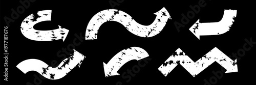 White massive grunge arrows on black background with rough distressed texture. Bold hand drawn directional elements for high contrast design. White bold pointers with scratched texture.