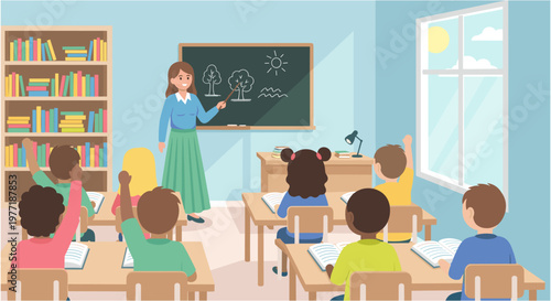 Teacher writing on blackboard in colorful classroom with happy students in natural lighting for education
