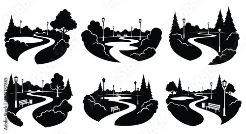 Black and white park scenes with winding paths and stylized trees