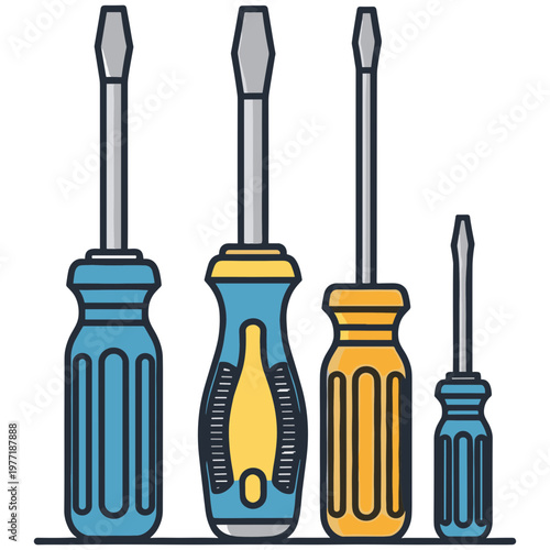 Four screwdrivers in various sizes are lined up on a flat surface indoors.