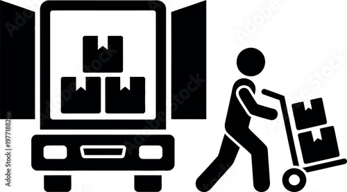 Person unloading packages from a delivery truck using a cart