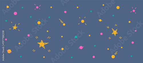 Colorful crayon kids space background with stars and dots, playful cosmic background for children designs. Charcoal outer space concept with planets, stars, comets in minimalistic doodle style.