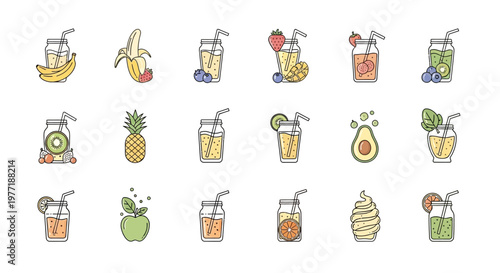 Healthy fruit smoothies and ingredients icons isolated on white background
