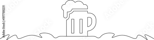 A simple line drawing of a beer mug with foam on top sitting on a wavy surface