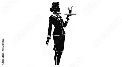 Elegant flight attendant holding a drink on a tray black silhouette