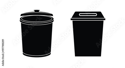 Two black silhouettes of trash cans one with a lid and one without