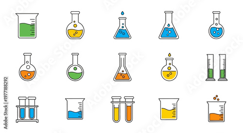 Illustrated chemical glassware and lab equipment in various shapes with colorful liquids
