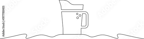 A minimalist line drawing of a coffee mug with a handle and bubbles on a wavy surface