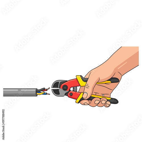 A hand is using wire cutters to cut a multicolored electrical cable.