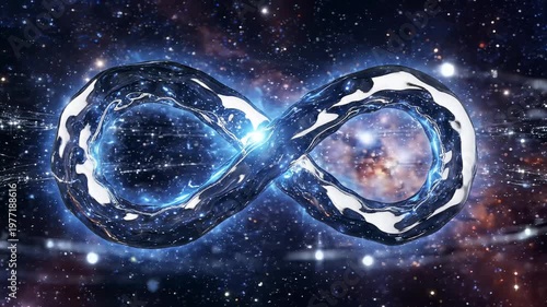 3D Glowing Infinity Symbol Made of Liquid Chrome Metal in Space Nebula, Futuristic Abstract Background
