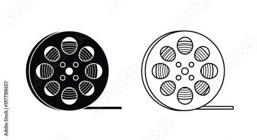 Two film reels depicted in black and white representing cinema