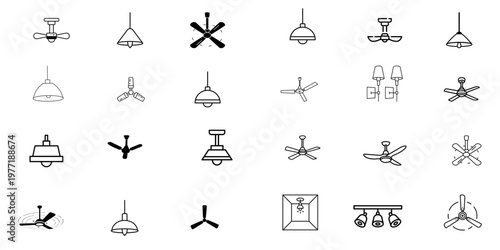 Modern Ceiling Fan and Pendant Light Icon Set – Minimalist Interior Fixtures for Home Improvement and Architecture Branding