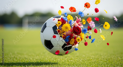 Whisked into vibrant bloom a soccer ball bursts with colorful wildflowers on a sunny green field