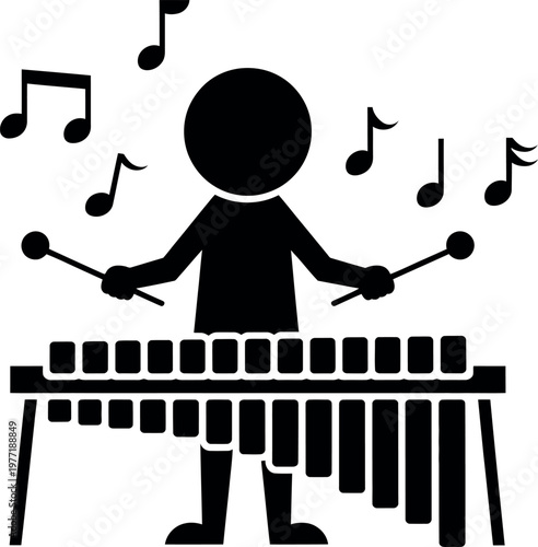A cheerful character playing a marimba with musical notes floating around