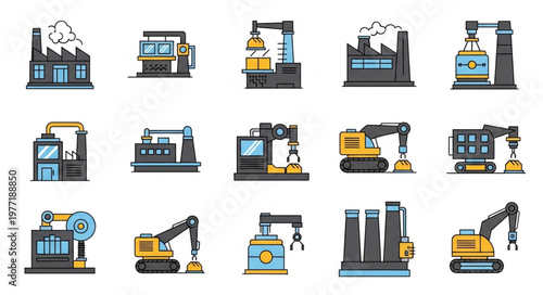 Collection of Industrial Factory and Construction Machine Icons.