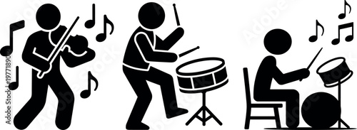 Three musicians playing different instruments in a band setup