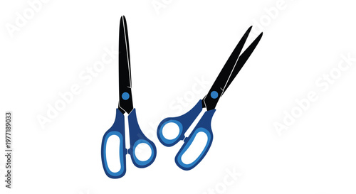 A pair of blue and black scissors depicted in a simple illustrative style