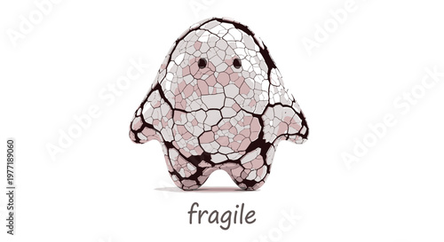 Cracked, fragile, broken creature, mosaic art, pink and white