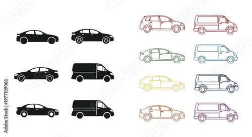Collection of colorful vehicle icons depicting various car and van types