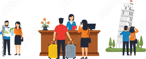 Travel and Tourism Vector Set Featuring Tourists at Hotel Reception, Sightseeing at Leaning Tower of Pisa, and People Reading Map for Vacation Designs