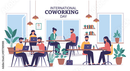 People collaborate on International Coworking Day in a modern office space with laptops and plants