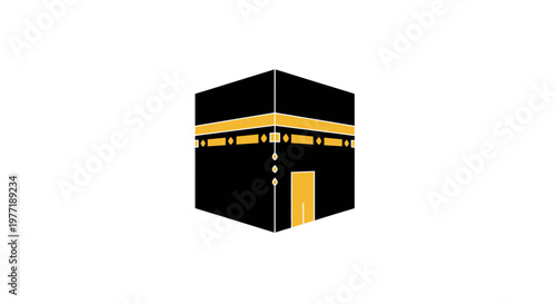 Stylized Islamic holy building icon. Black cube with golden door and band, representing a sacred pilgrimage site.