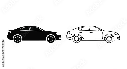 Two sedan car outlines one solid black and one transparent with details