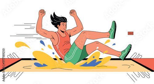 Vector illustration of man landing in puddle, athletic failure, sports mishap, comedic moment