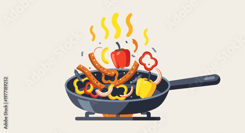 Sizzling sausages and colorful vegetables cooking in a hot frying pan on the stovetop indoors.