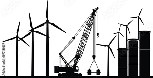 Industrial construction silhouette with wind turbines, heavy crane lifting load and storage tanks for renewable energy and sustainable power project
