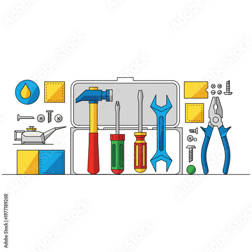 A toolbox filled with various tools such as hammer, pliers, screwdrivers and wrenches on a workbench.