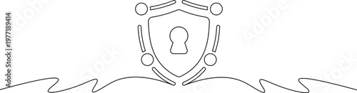 A minimalist line drawing of a shield with a keyhole surrounded by people in a circular formation