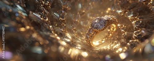 Jewelry spinning within glowing fractals, luxury surreal atmosphere