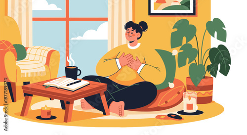 Woman sits cross-legged on mat in cozy living room with coffee table and plants by window