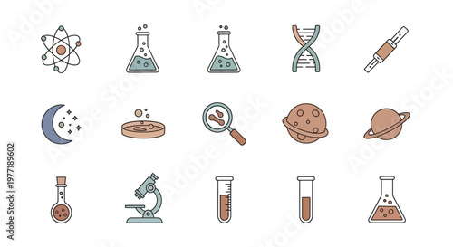 Illustrated scientific tools and cosmic elements icons set, ideal for research concepts and designs