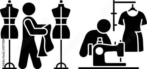 Two tailors engaged in garment creation and sewing processes