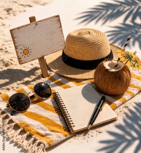 Summer vacation still life with beach accessories on sand. Straw hat, coconut drink, sunglasses and blank notebook with wooden sign copy space. Travel, relaxation, work life balance in warm sunlight.