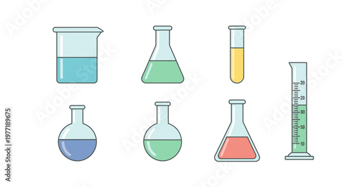 Illustrated vector image featuring different scientific laboratory glassware on a white backdrop
