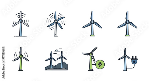 Illustrated vector set of wind turbines representing renewable energy resources