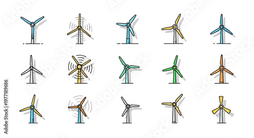 Illustrated Wind Turbine Icons Representing Renewable Energy and Sustainable Resources