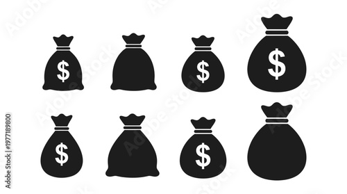Black silhouettes of money bags, some marked with dollar signs, symbolizing wealth, assets, savings, finance, and economic value.