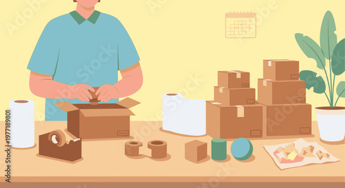 Man packing boxes on a table with supplies and a plant nearby indoors