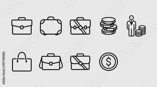 Black-and-white business icons showing briefcases, coins, documents, and growth symbols, representing finance, investment, corporate work, and professional success.