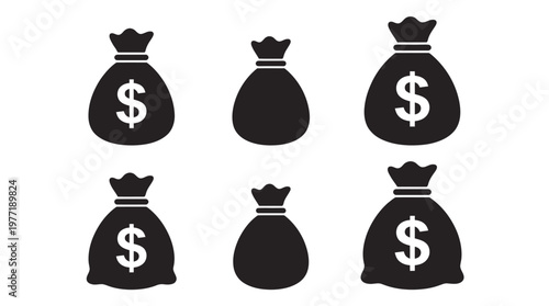 Black silhouettes of money bags, some marked with dollar signs, symbolizing wealth, assets, savings, finance, and economic value.