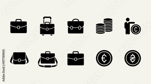 Black-and-white business icons showing briefcases, coins, documents, and growth symbols, representing finance, investment, corporate work, and professional success.
