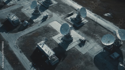 Aerial view of multiple large parabolic satellite dishes and buildings operating at a remote ground station, receiving and transmitting signals for global communication