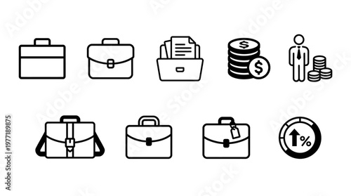 Black-and-white business icons showing briefcases, coins, documents, and growth symbols, representing finance, investment, corporate work, and professional success.