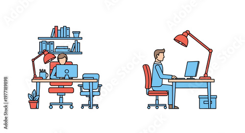 Illustration depicting workspaces and individuals engaged in computer-based activities or work tasks
