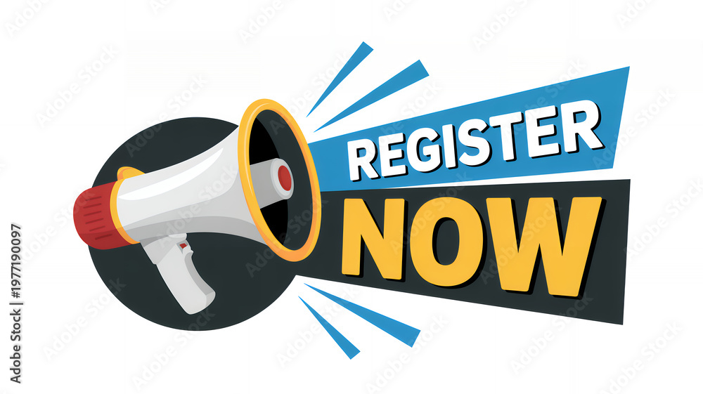 Naklejka premium Register now announcement with a loudspeaker on a plain white background, for web
