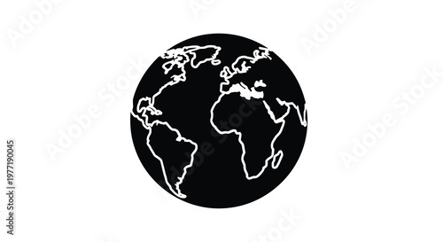 Simple black and white illustration of earth showing continents and oceans